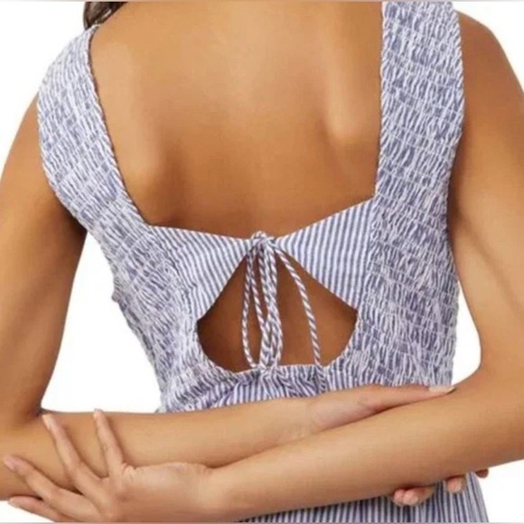 Free People Juno Tiered Maxi Dress Large Blue Striped Cotton Smocked Boho Flowy - Picture 11 of 16